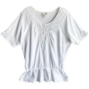 Loft Boho Tunic Top Size XL Bohemian Crochet Split Neck Sleeves White Cotton